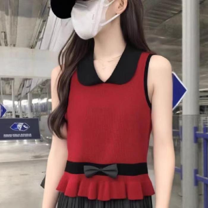 

French Color Block Knit Vest with 3D Bow and Ruffle Hem for Women One Size малиновый