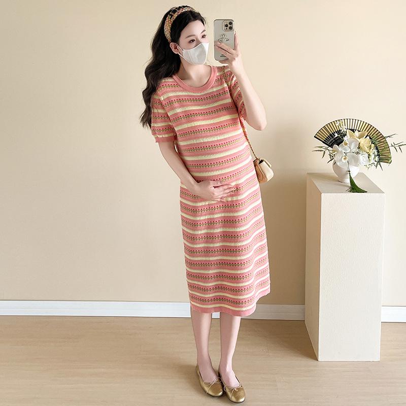 New Summer Knit Jacquard Stripe Maternity and Nursing Maxi Dress 2XL
