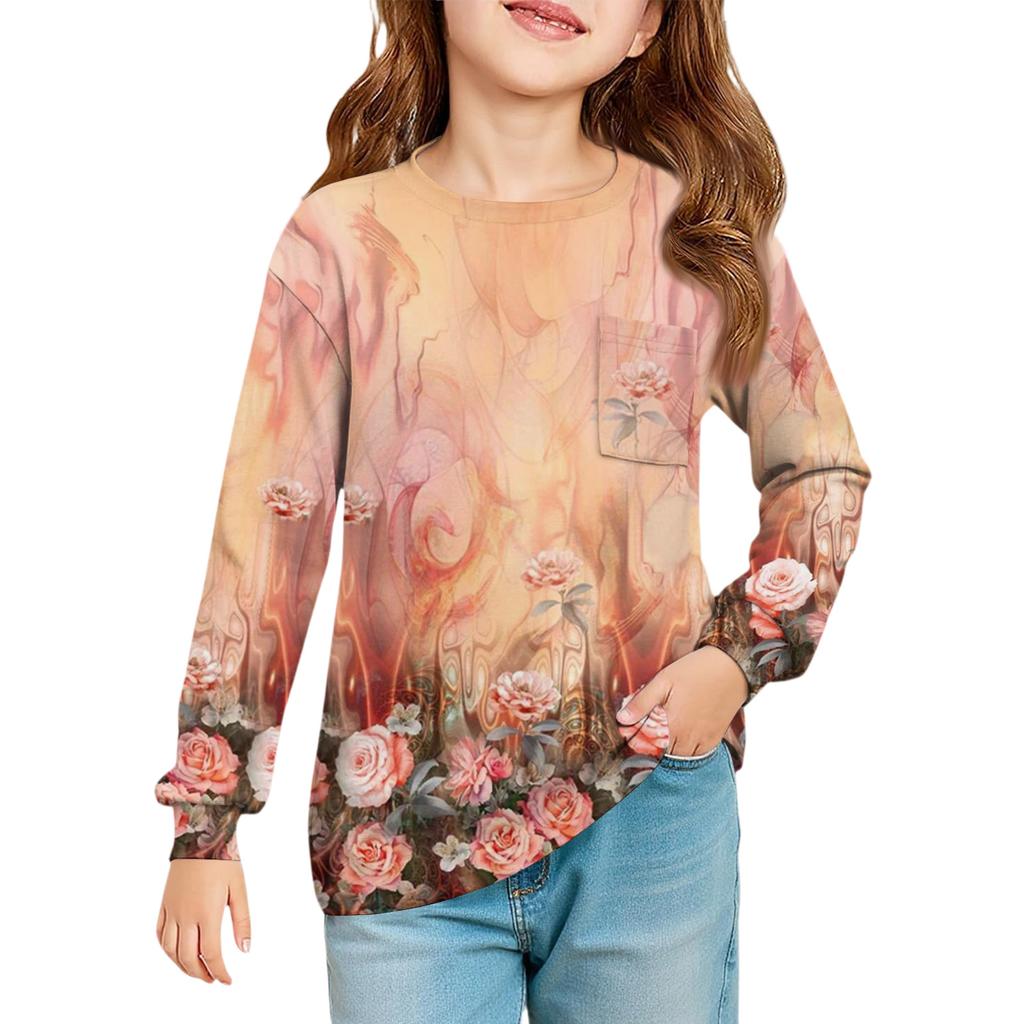 Girls' Long Sleeve Blouse - Round Neck Soft Waist Tunic