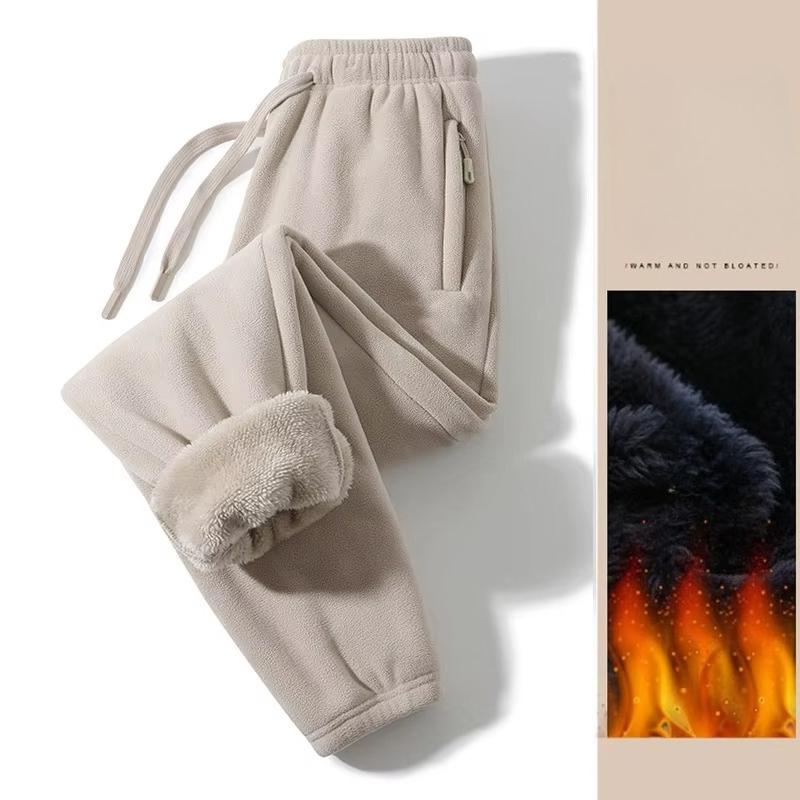 Men's Winter Pants Thickened Solid Zip Pocket Double-sided Polar Fleece Knit Sweatpants Windproof Pants
