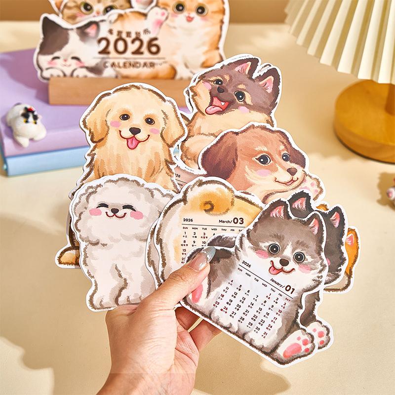 2026 Cute Cat Dog Card Insert Desk Calendar Office Home Monthly 12Month Family Planner Organizer New Year Calendar Desktop Decor