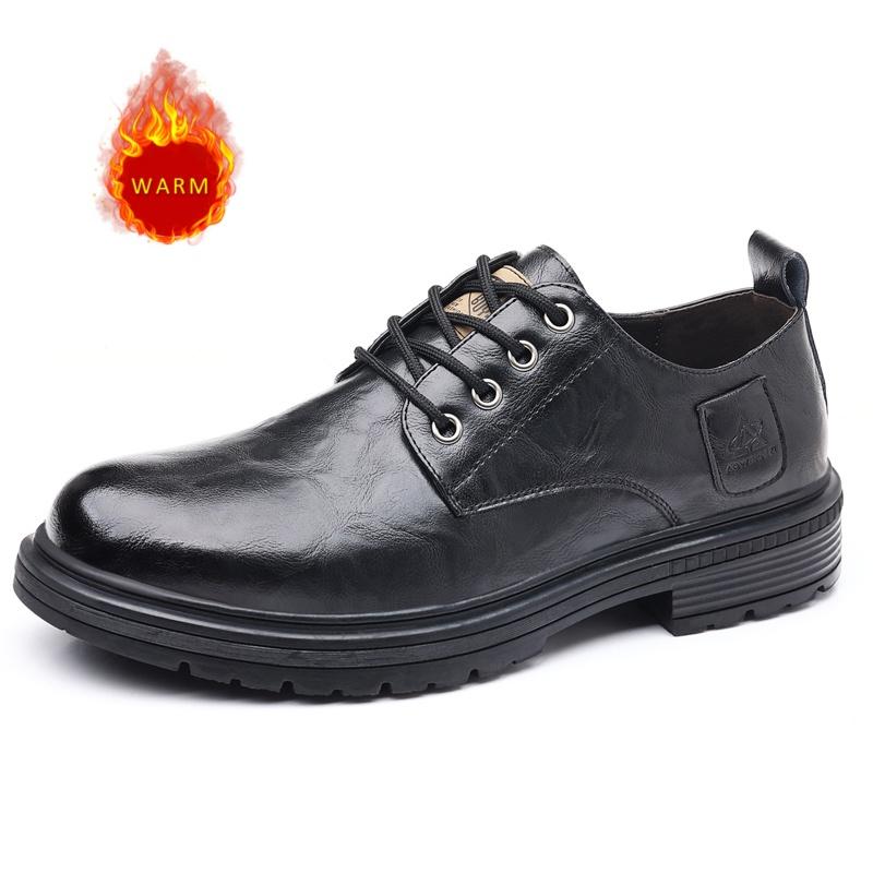 Classic Brown Thick Soled Men's Oxford Shoes Lace Up Low Cut Men's Leather Casual Shoes Retro New Work Shoes Winter Velvet