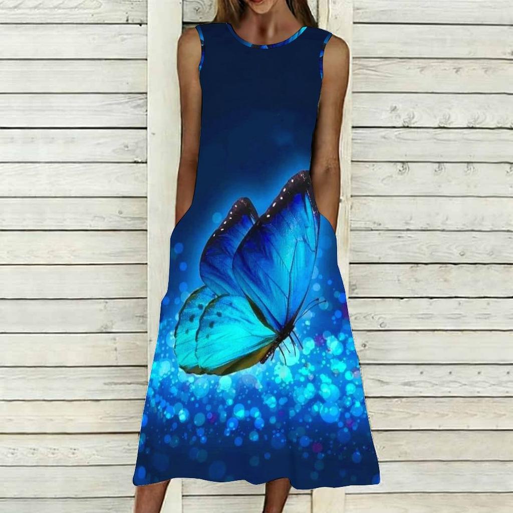 Women Oversized Sleeveless Round Neck Dress Jungle Foliage Pattern Flowy Calf Length Dress