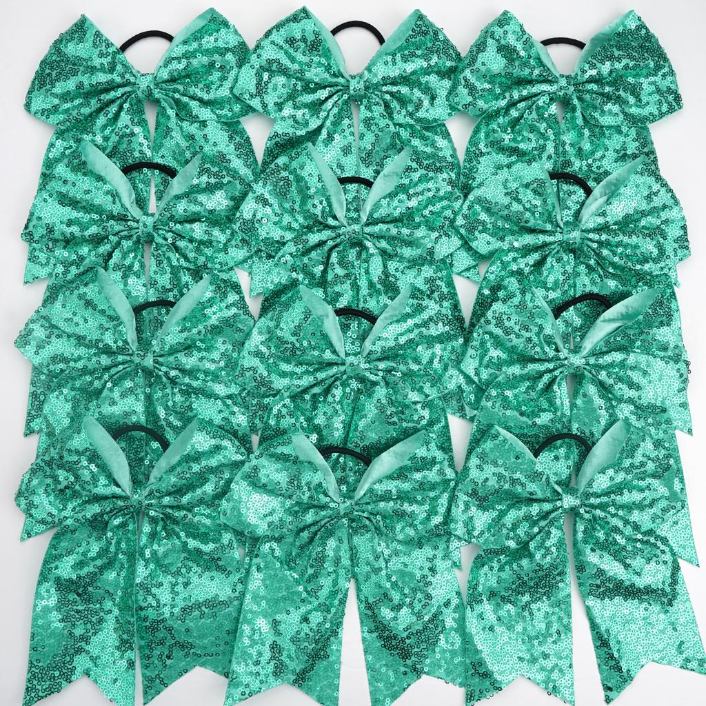 12Pcs 7.5' Bling Sparkly Glitter Sequins Pigtail Bows for Kid Girls Large Cheerleading Bows Ponytail Holder Elastic Hair Ties