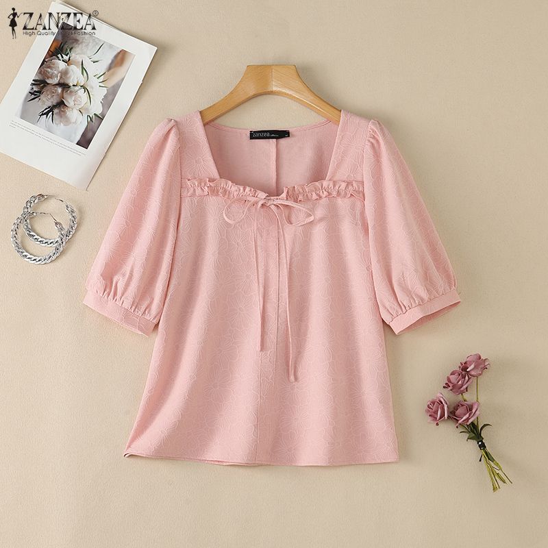 ZANZEA Women Elegant Casual Square Collar Summer Half Sleeve Blouse