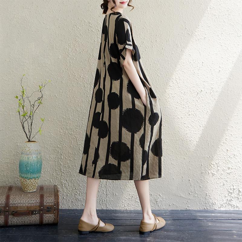 Real shot summer thin cotton and linen literary retro loose short sleeve fat mm knee dress women
