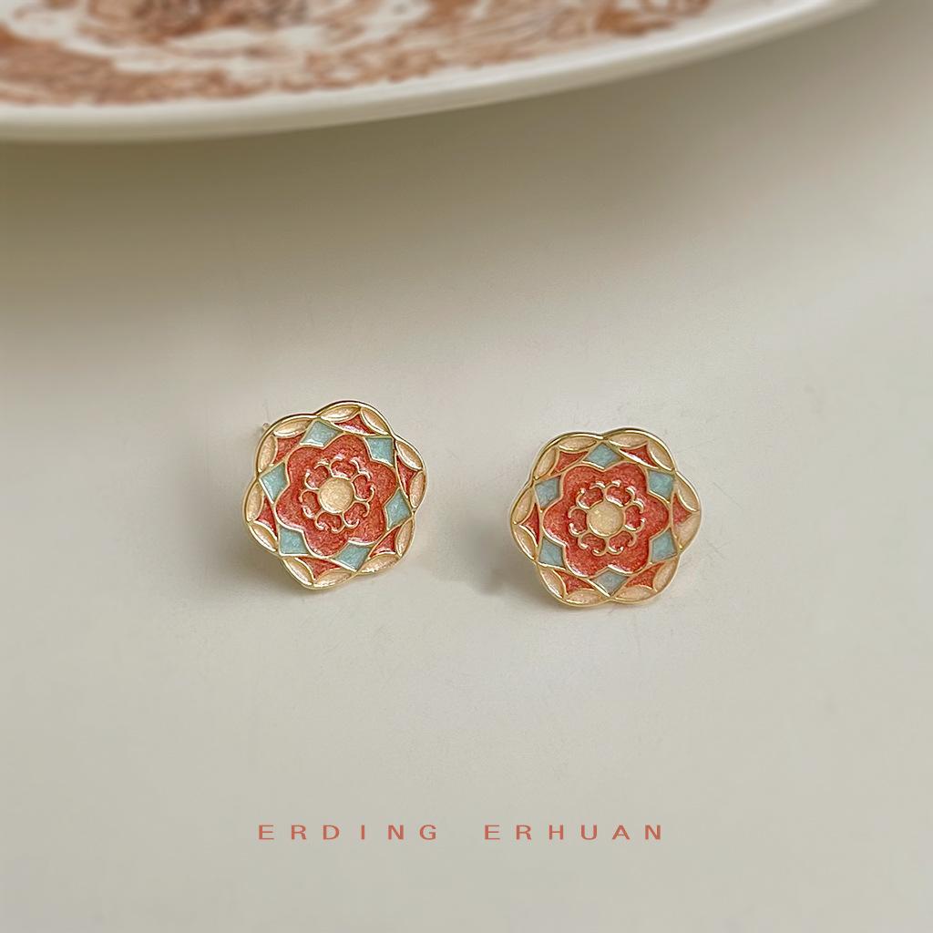 Оригинальный расписной узор Новый китайский стиль Guochao эмаль по металлу капельная глазурь цветок Новые серьги, пусеты