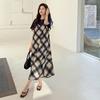 DIMANAF Women 2025 New Summer Plus Size Casual Plaid Short Sleeve Dress Basic Loose Long Dress Maxi