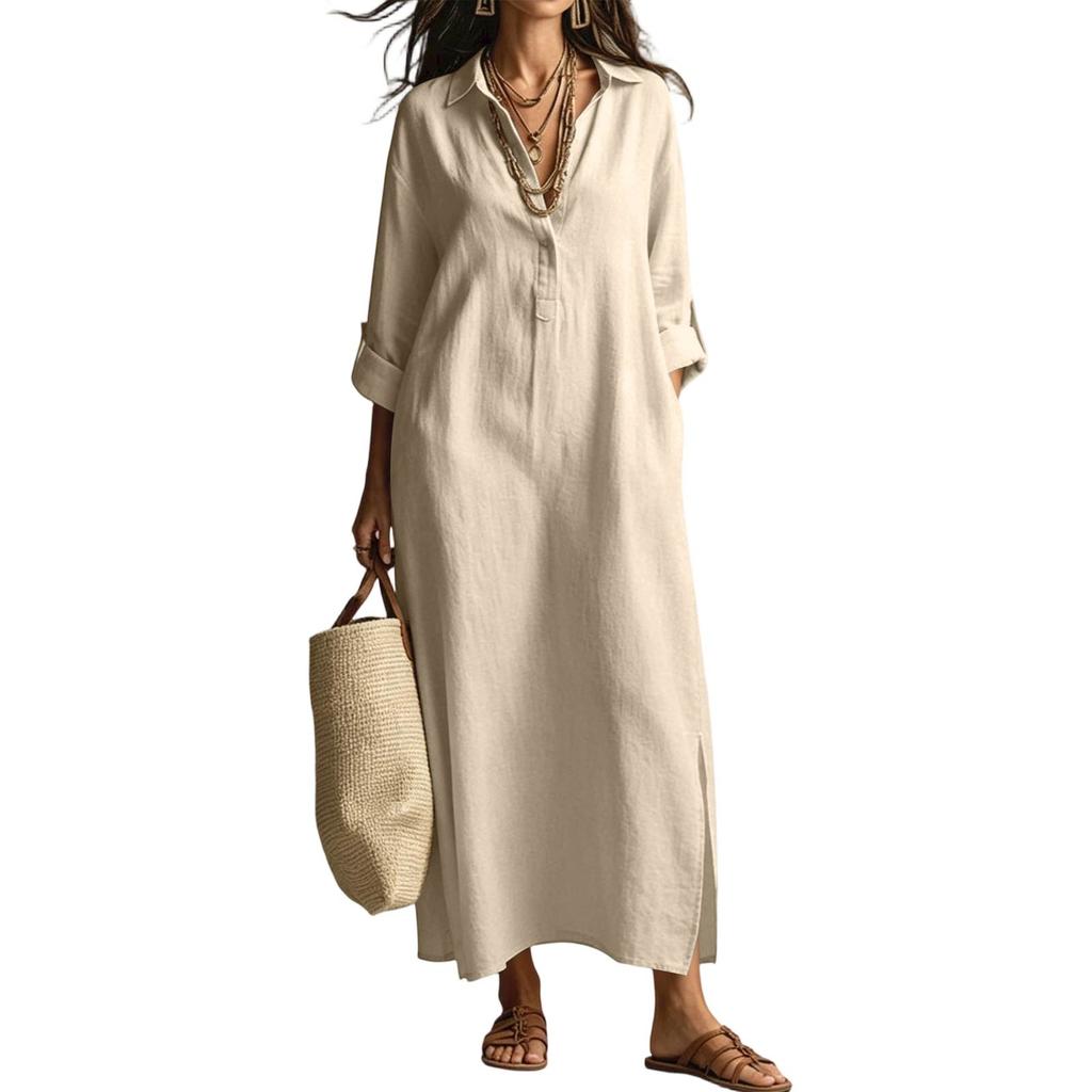 Women’s Long Sleeve Shirt Dress Linen Cotton Collared Maxi Dress Loose Fit Spring Summer Casual Style
