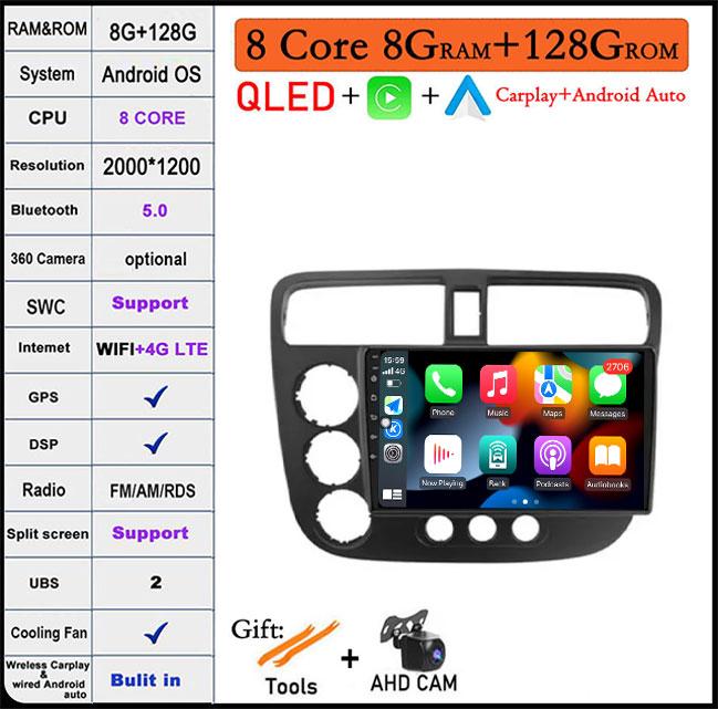 9 Lnch For Honda Civic 7 2000-2006 QLED Android 14 Car Radio Multimedia Video Player GPS AI Voice 4G CarPlay Head Unit Stereo