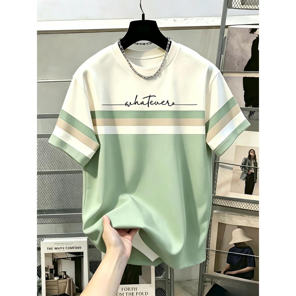 New American Men's Summer Spliced Striped Letter Print Micro Elastic Breathable Round Neck T-shirt Outdoor Urban Casual Top