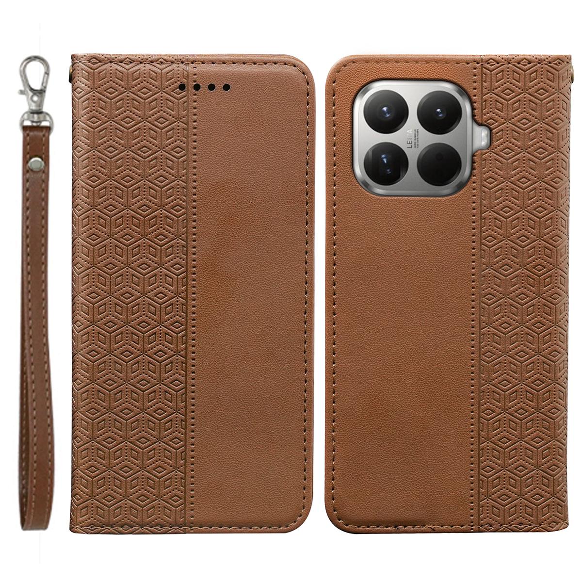 

For Xiaomi 15T Pro Wallet Phone Case Checkered Pattern Imprint Leather Flip Cover with Wrist Strap