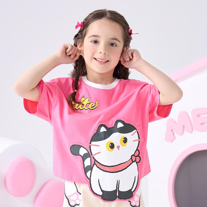 B. Duck Children's Clothing Girls' Summer New Short Sleeved Top Cute and Playful Cat T-shirt for Middle and Small Children