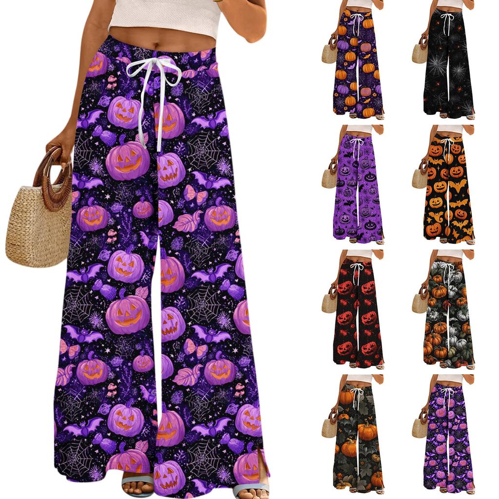 Ladies' Loose And Casual Halloween Printed Wide Leg Pants With Elastic Waistband Drawstring And Pocket Pants