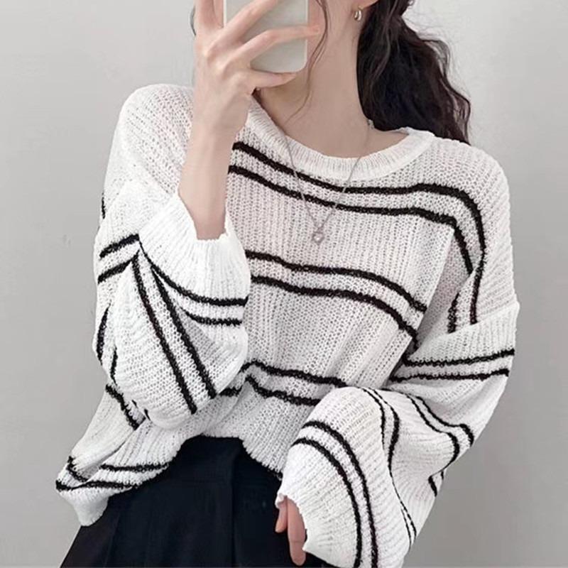 2025 Fashion Long Sleeve Stripes Pullover Sweater Women Loose Knitted Casual Thin Office Short Blouse Casual Simple Hollow Out O-neck Elegant Tops