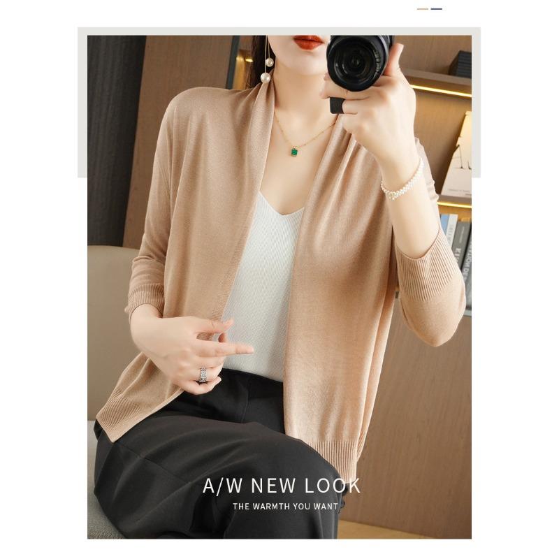 Dünne Strickjacke aus Eisseide und Leinen für Damen, langärmelig, Strickmode, locker, elegant, Schal, lässiger Mantel, einfarbig, einfaches Grundmodell, Pendeln, Frühling, Herbst