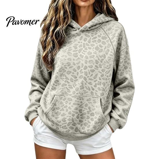 Sweatshirt with Front Pocket Women Leopard Print Hoodie, Oversized Drop Shoulder Hooded Pocket, Hoodie Long Sleeve Loose Casual Pullover Top