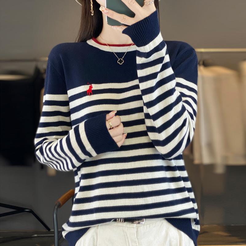 

Женский вязаный свитер в корейском стиле с цветными блоками и полосками - Круглый вырез, Длинный рукав M