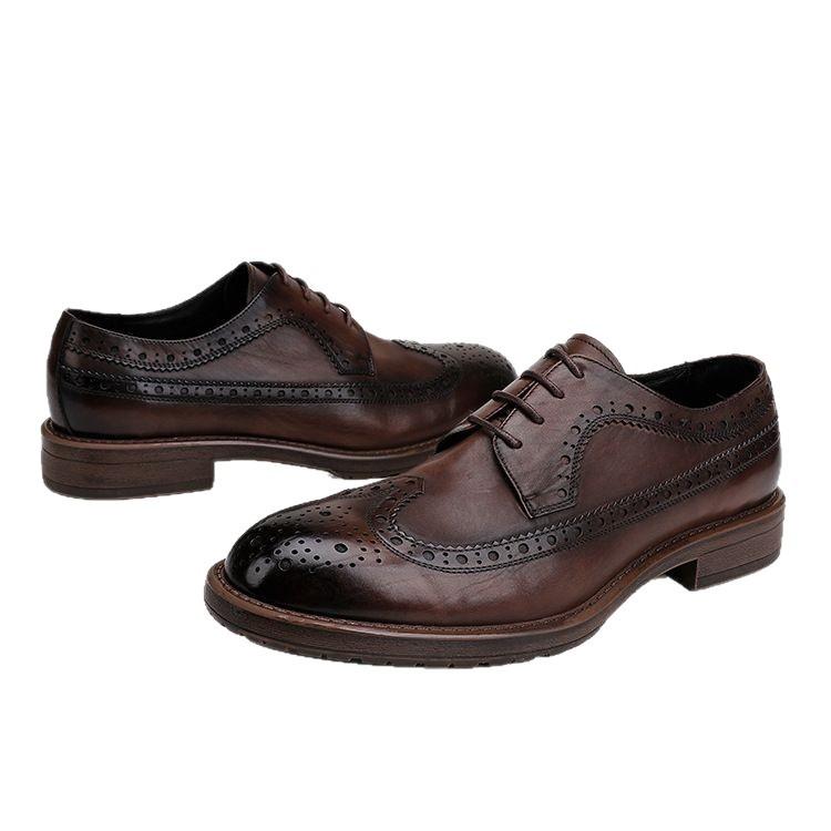 Large Size Shoes, Leather Shoes, Men'S Genuine Leather First Layer Cowhide British Style Brock Engraved Business Dress Wedding Shoes