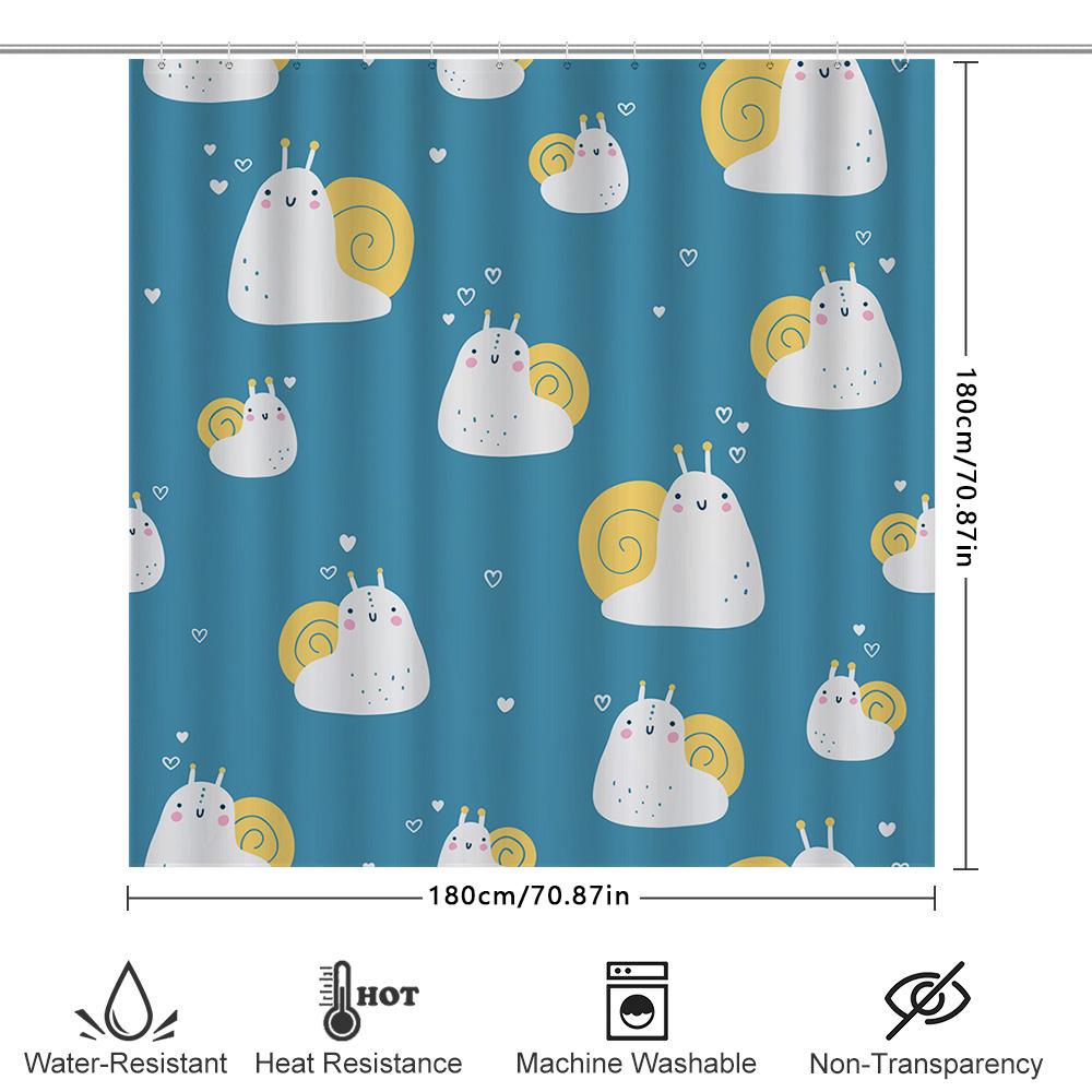 Adorable Cartoon Snail Shower Curtain For Bathroom Decor Blue Background With White Hearts Pattern Waterproof Fabric Easy Instal
