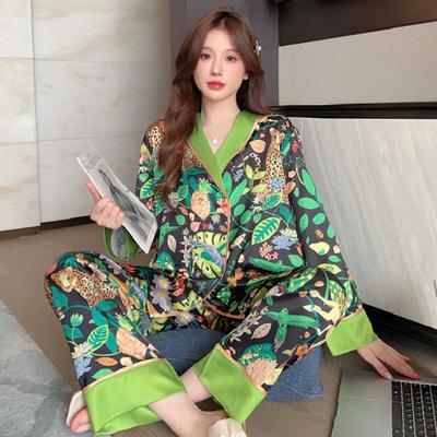 Tier Blume Seide Weich Chinesischer Stil Pyjama Set für Damen Luxus Mode Weich V-Ausschnitt Hausanzug Nachtwäsche Freizeit Pyjama