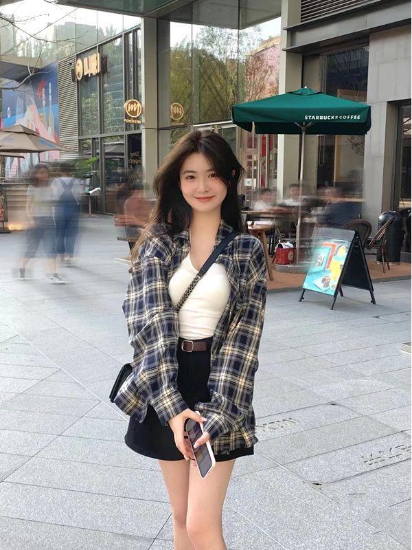 Damska Retro Koszula Kardigan Luźny Krój w Kratkę