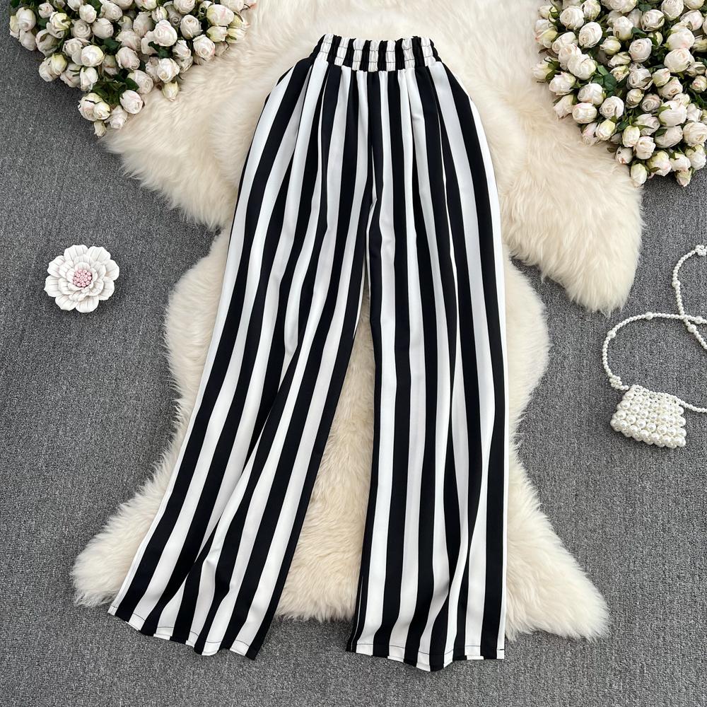 

RUGOD, новые летние повседневные брюки в корейском стиле с высокой талией и вертикальной полоской, женские прямые длинные брюки с эластичной резинкой на талии, широкие брюки