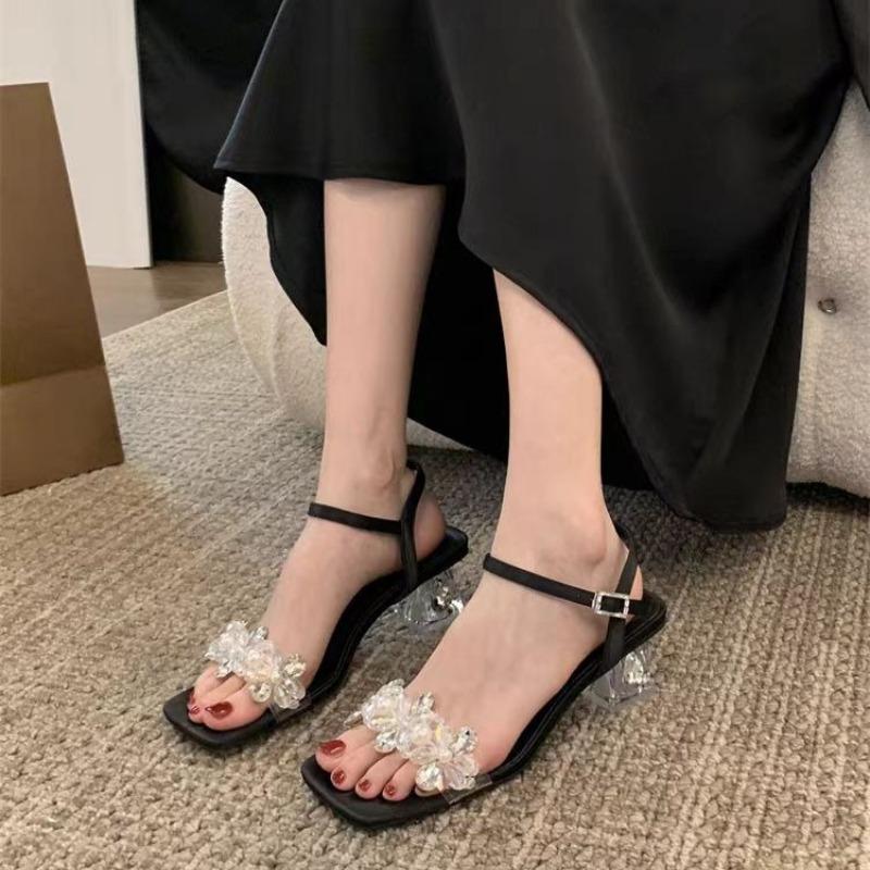 Fashion Women's Summer New High Heel Sandals Crystal Buckles Thick Heel Square Head Style Rubber Bottom Leather Single Shoes