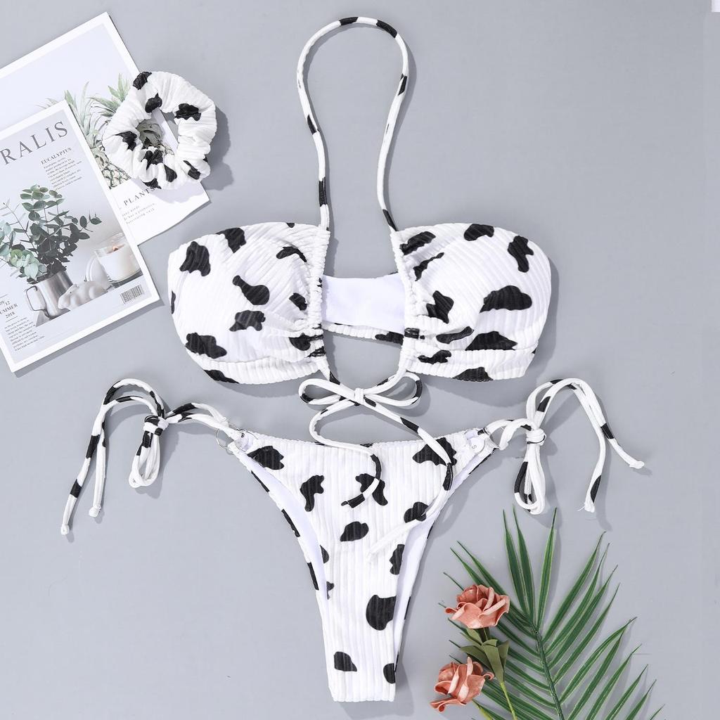 Women Sexy Triangle Split Bikini Suit Set Summer Tie Side G-String Thong Swimsuit Hanging Neck Backless Elastic Bikini