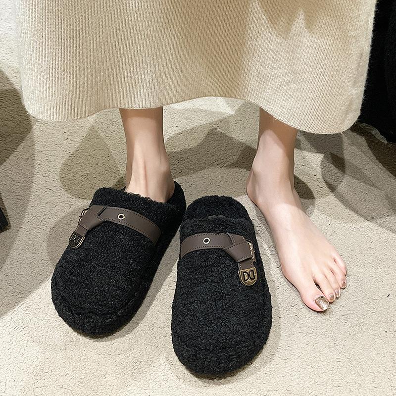 Niche Mao Mao Slippers Women's Wear 2025 New Autumn and Winter Internet Celebrity Versatile Lamb Wool Thick-bottomed Cotton Slippers