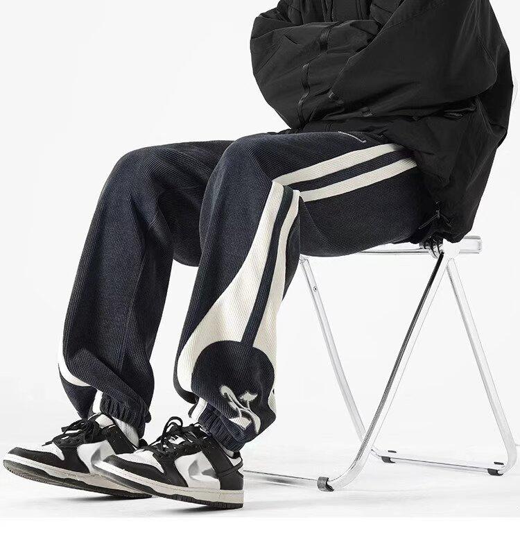 Men's Autumn Corduroy Contrast Color Sweatpants Vintage Warm Track Pants Streetwear Loose Casual Stripe Trousers