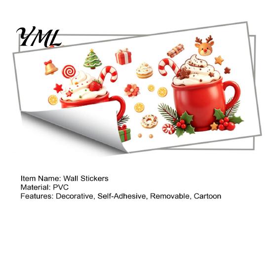 Christmas Theme Kitchen Wall Murals 2Pcs Hot Drinks Stickers for Cabinets, Self-Adhesive Art Holiday Cabinet Home Decor, Removable PVC Mug Decals with