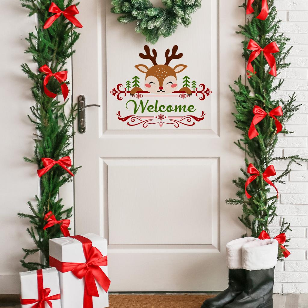 Cartoon Christmas Elk Door Sticker Decoration Welcome English Background Living Room Home Decoration Sticker