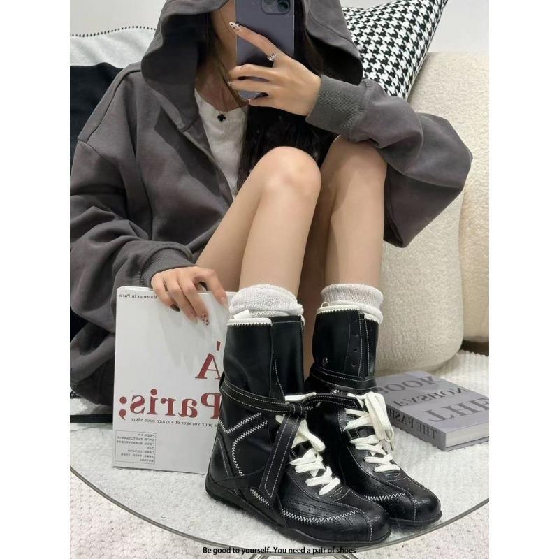 Sweet and Cool Version of Retro Inner Heightening Martin Boots Women's British Round Head Lace-up Sports Boots Short Boots Boxing Boots