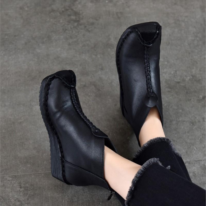 Johnature Versatile Genuine Leather Women's Wedges Shoes Retro Cowhide Soft Soled Short Boots