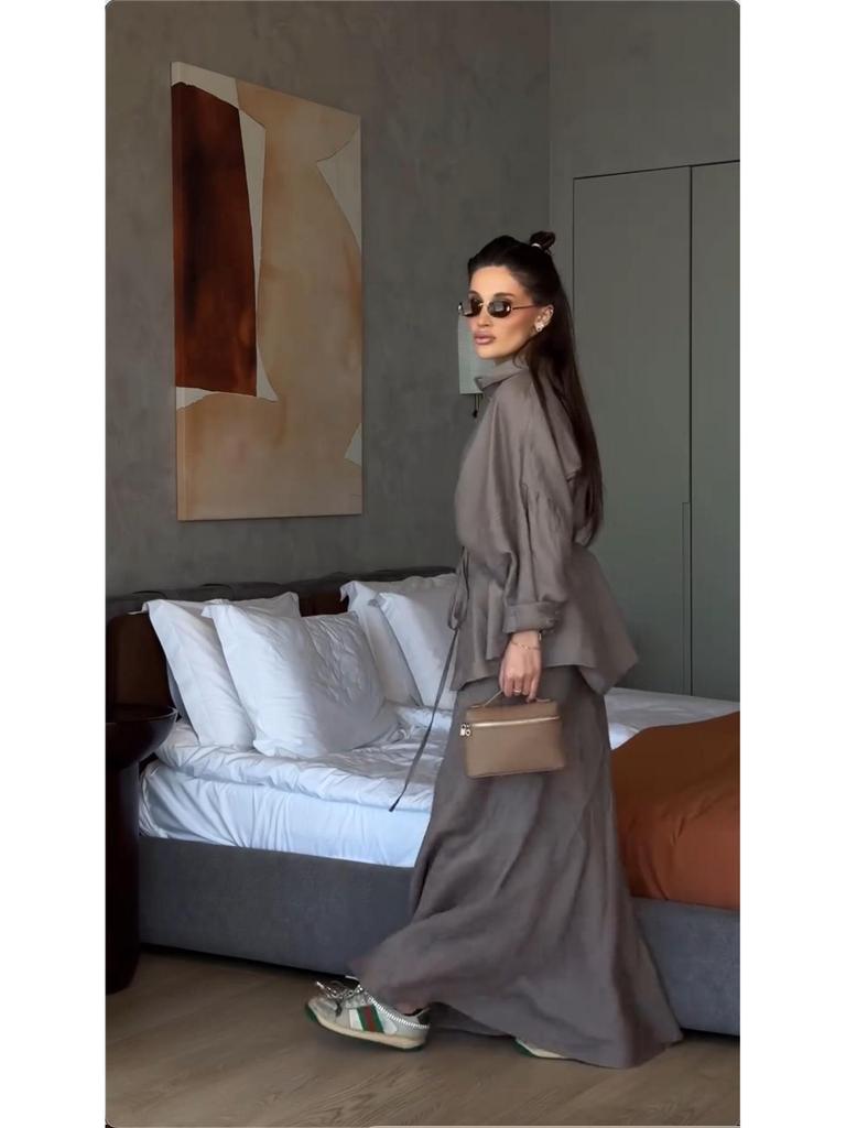Women's Spring/Summer 2025 Fashion: Turn-Down Collar Loose Shirt & High Waist Midi Skirt Set