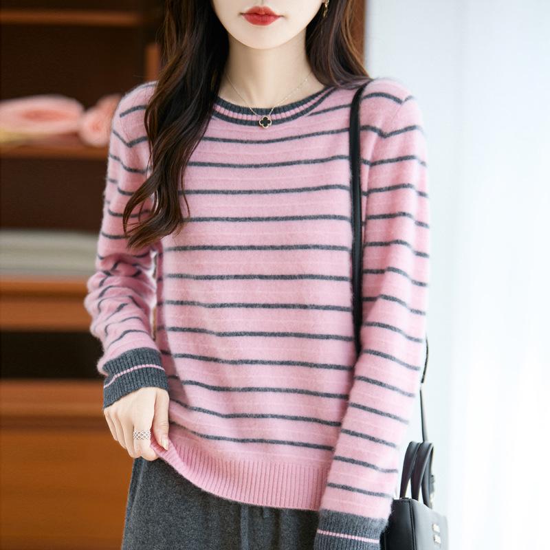 Women's French Retro Striped Wool Sweater - Slim Fit Autumn/Winter Knit Top