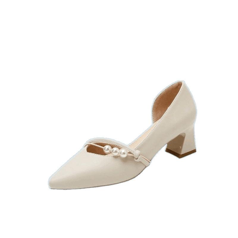Leather French single shoes women's summer pointed middle heel thick heel late evening wind fairy shoes gentle small high heels
