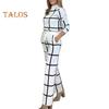 2 pezzi/set pantaloni da donna, top e pantaloni, colletto alto, stampa scozzese, maniche lunghe, camicetta ampia, pantaloni larghi a vita alta elastici con tasche, OL