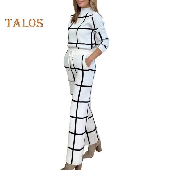 2 pezzi/set pantaloni da donna, top e pantaloni, colletto alto, stampa scozzese, maniche lunghe, camicetta ampia, pantaloni larghi a vita alta elastici con tasche, OL