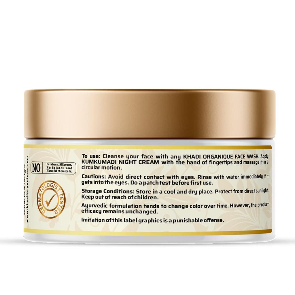 Khadi Organique Kumkumadi Night Face Cream with 4% Kumkumadi Oil & 1.5% Saffron | For Skin Lightening, Brightening, Dark Spots, Pigmentation & Tan