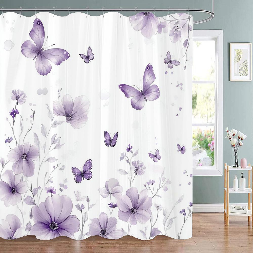 Beautiful Purple Flowers and Butterfly Pattern Shower Curtain,  Bathroom Decorative Shower Curtain,Home Curtain with Hooks 90x180cm-35x70in