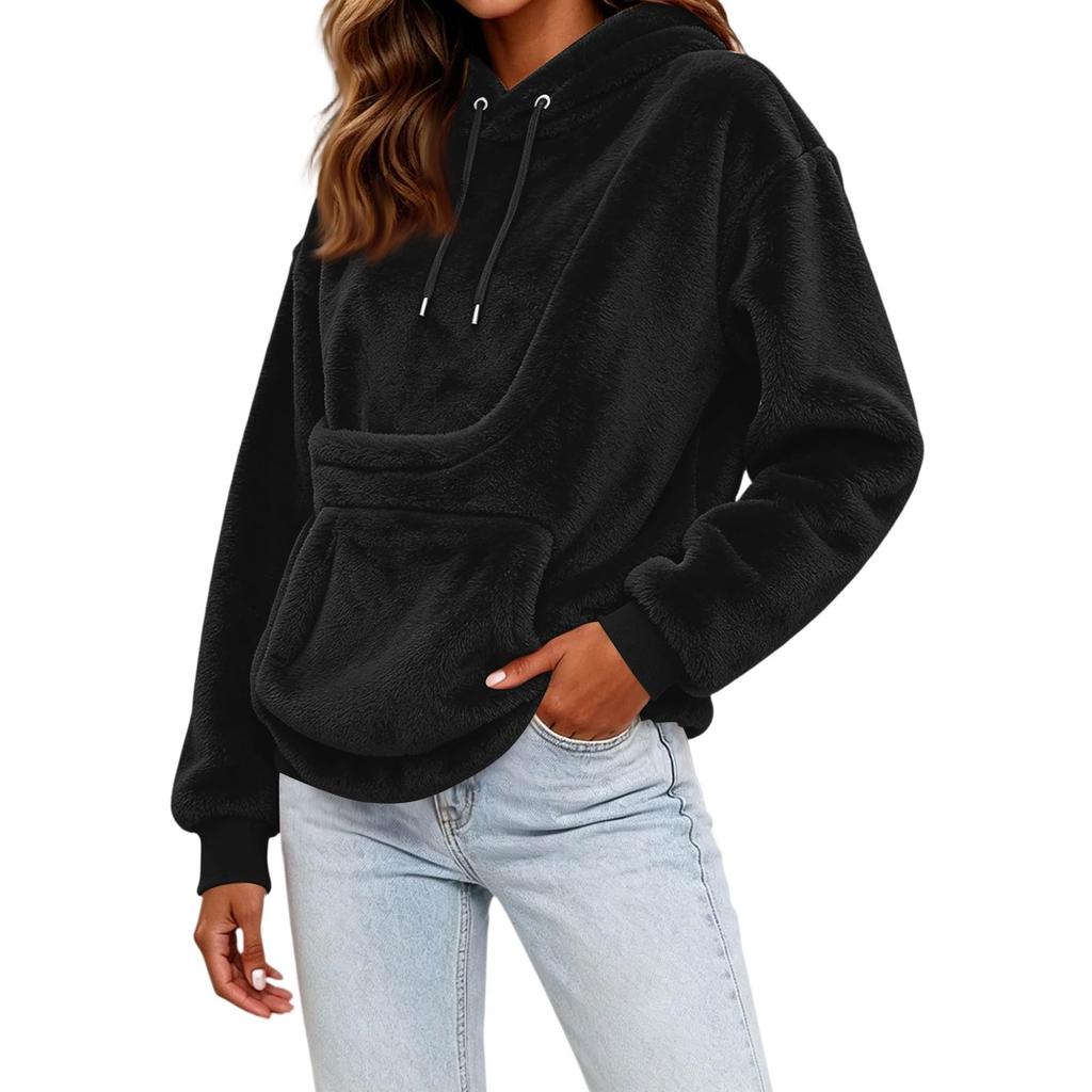 Women's Casual Color Hoodie - Loose Fit Plush Pullover Sweatshirt for Everyday Wear