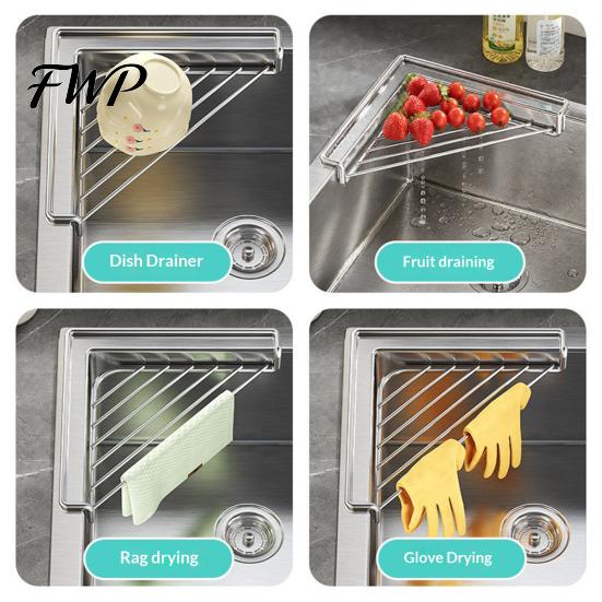 Dishwashing Tool Organizer Corner Sink Stainless Steel Triangular Shelf, Rustproof Compact Wire Kitchen Rack, Space Saving Utensil Drying Rack