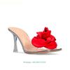 New Summer Sweet Style Women Sandals Square Toe Satin Rose Open Toe Elegant High Heels Clear Thin Heel Slip On Slippers