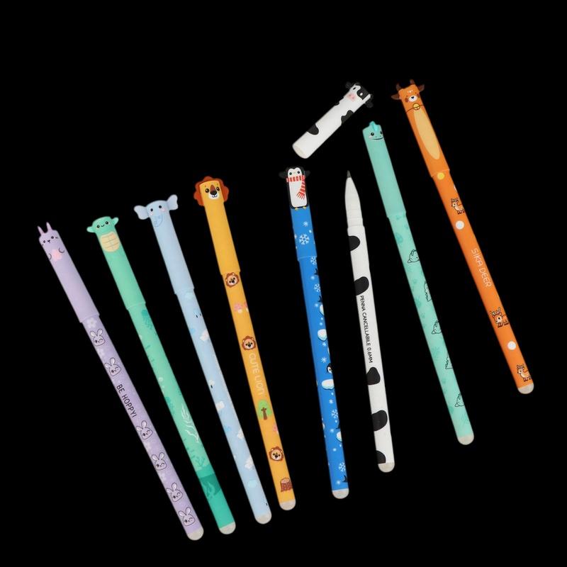 8-Pack Cute Animal Themed Erasable Gel Pens 0.5mm, Multicolored Ink for Smooth Writing, Ideal for Office School Stationery