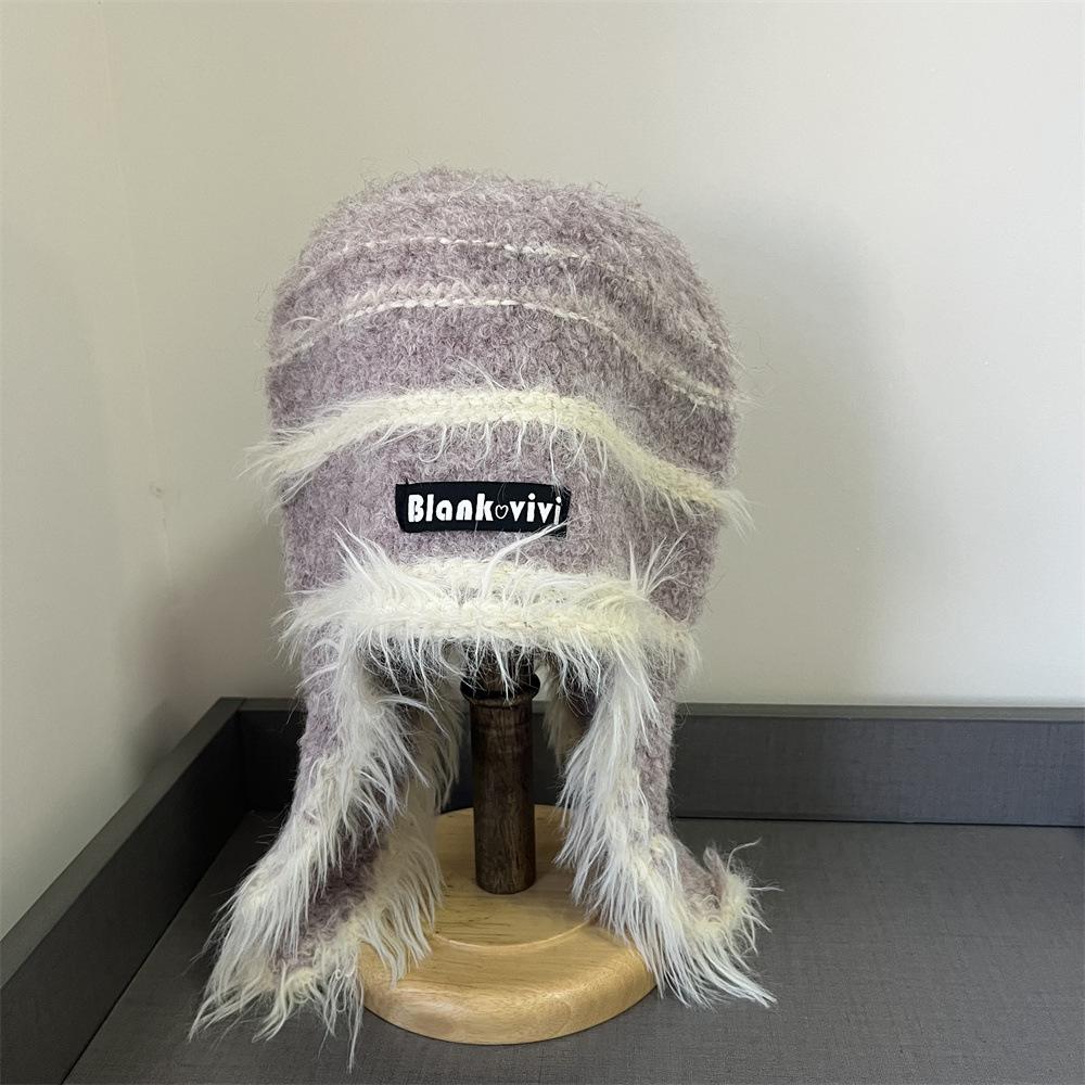 Contrast Color Neck Plush Hat Women's Autumn and Winter Warm Ear Protection Knitted Hat Big Head Circumference Fashionable and Cute Headgear