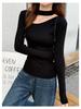 Women's Black Long Sleeve Knit Sweater Top - Halter Neck with Hollow Design, Perfect Slimming Base Layer for Autumn/Winter