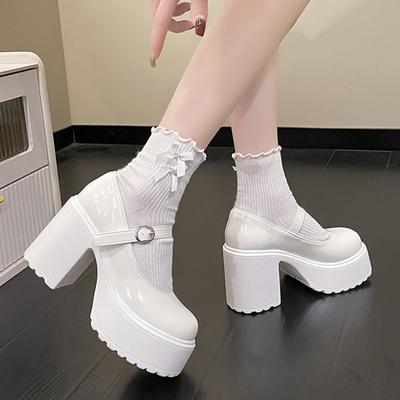 Kvinne Chunky Platform Høye hæler Pumps Dame Pu Lær Ankelspenne Mary Jane Sko Kvinne Lolita Sko med tykke hæler