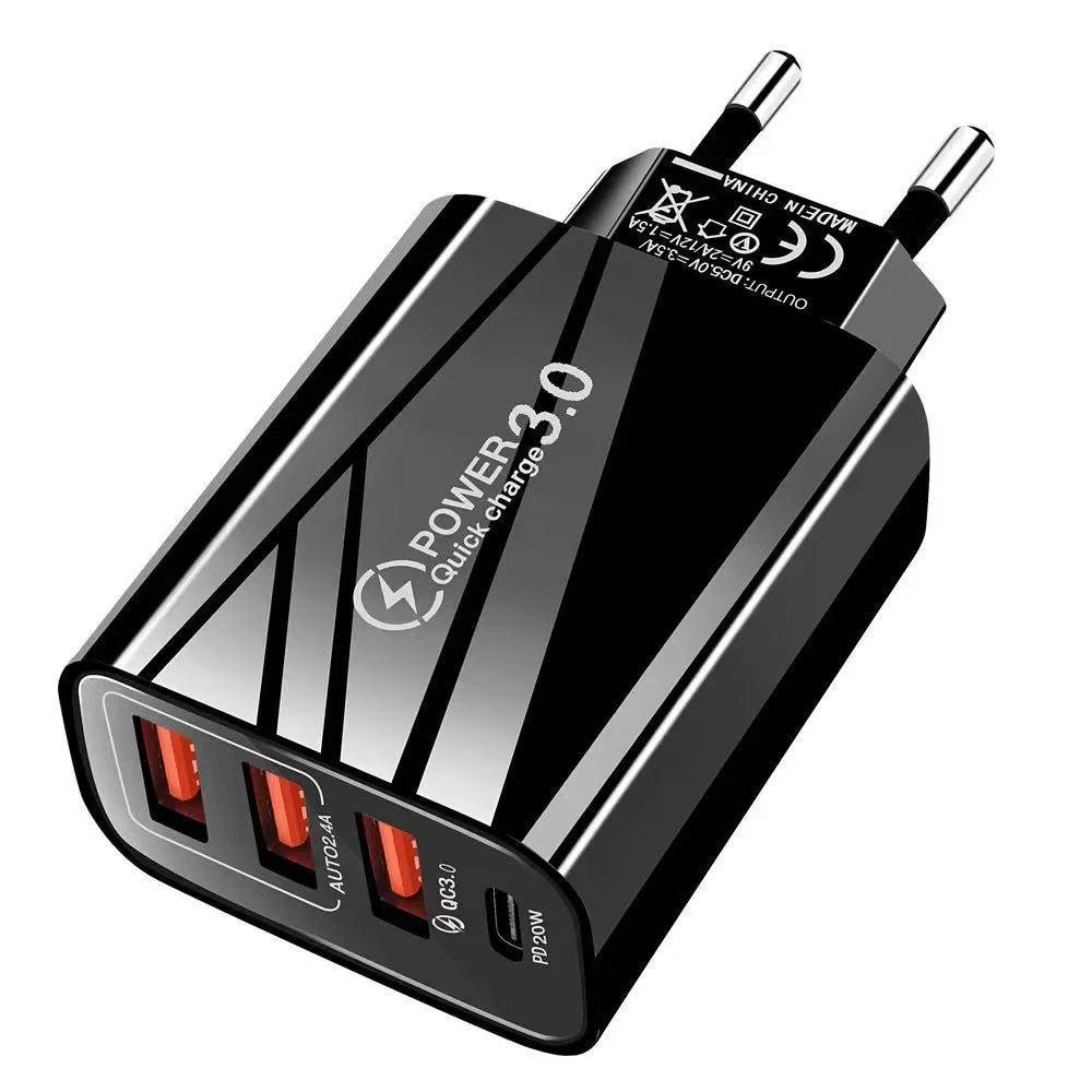Multi-Standard Travel Charger: US, EU, UK Plugs with 3 USB + Type-C Ports, Smart Power Adapter